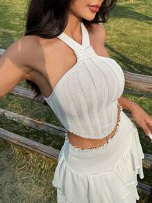 SHEIN EZwear Top de punto ajustado con cuello halter y corte en color liso para mujer