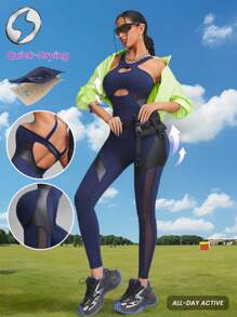 Innovista Innovista 女士运动服露背烫金印花运动连体裤，仿皮和金属光泽健身连体裤，透气性感网眼镂空弹力连体裤，健身运动服，塑身衣 - 藏蓝色 - 查看 5