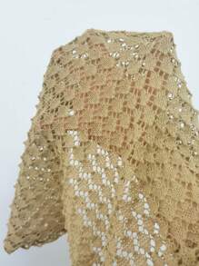 Swim SXY Crocheted Floral Block Knit Wrap Around Tie Front Split Side Dress Coverup For Summer Beach Vacation - Khaki - View 4