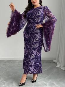 Modelyn 大码优雅派对大理石印花网眼撞色喇叭袖中长连衣裙