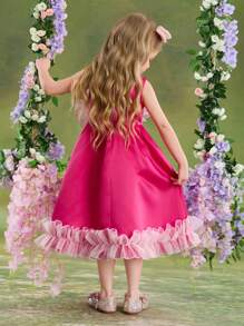 SHEIN Young Girl Woven Solid Color Round Neck Ruffle Hem Snug Fit Dress - Pink - View 6