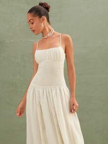 L'Amorae Flowy Smocked Maxi Dress With Elegant Lace Details - Apricot - View 2