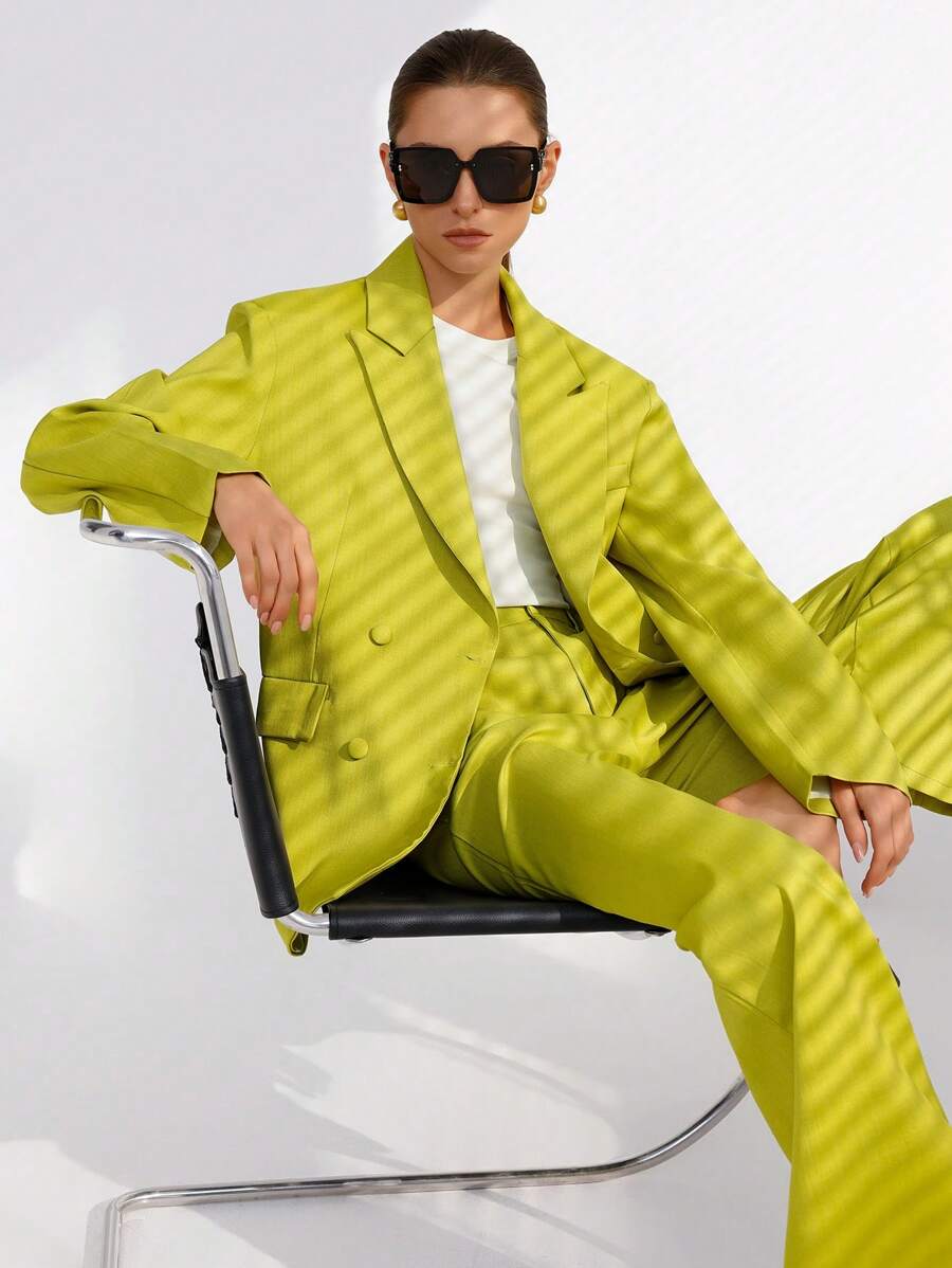Aveloria Modichic Fashion Commuter Spring/Summer Yellow-Green Matching Vacation Chambray Lapel V-Neck Loose Blazer & Wide Leg Pants Women Suit Set - Yellow - View 1
