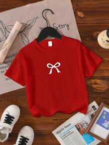 Tween Girl Casual Cute Bow Print Short Sleeve Round Neck T-Shirt