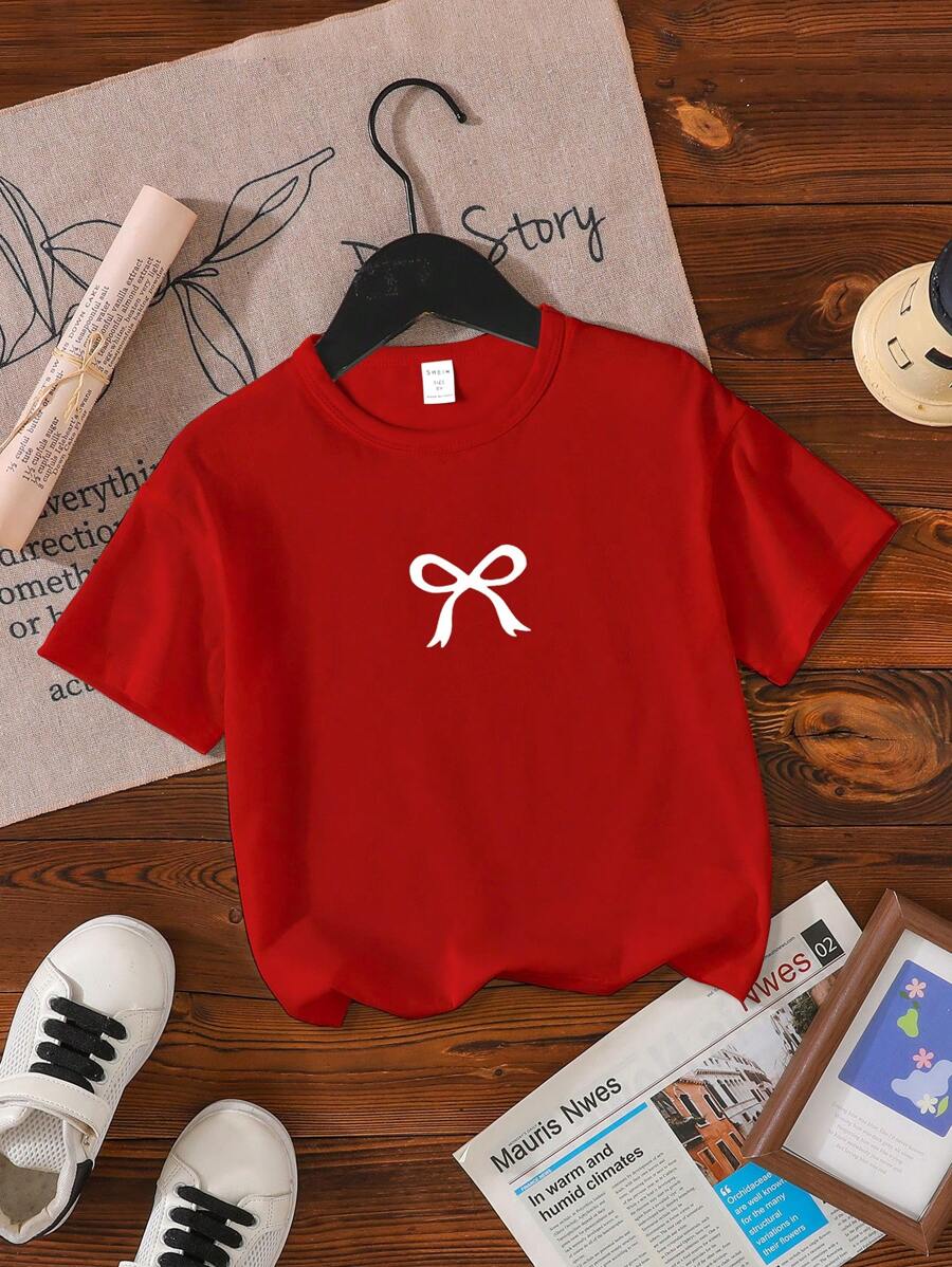 Tween Girl Casual Cute Bow Print Short Sleeve Round Neck T-Shirt