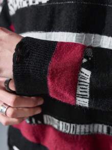 NEON BLANC Men's Streetwear Red And Black Color Block Crew Neck Knit Sweater, For Fall Winter - Black - View 4