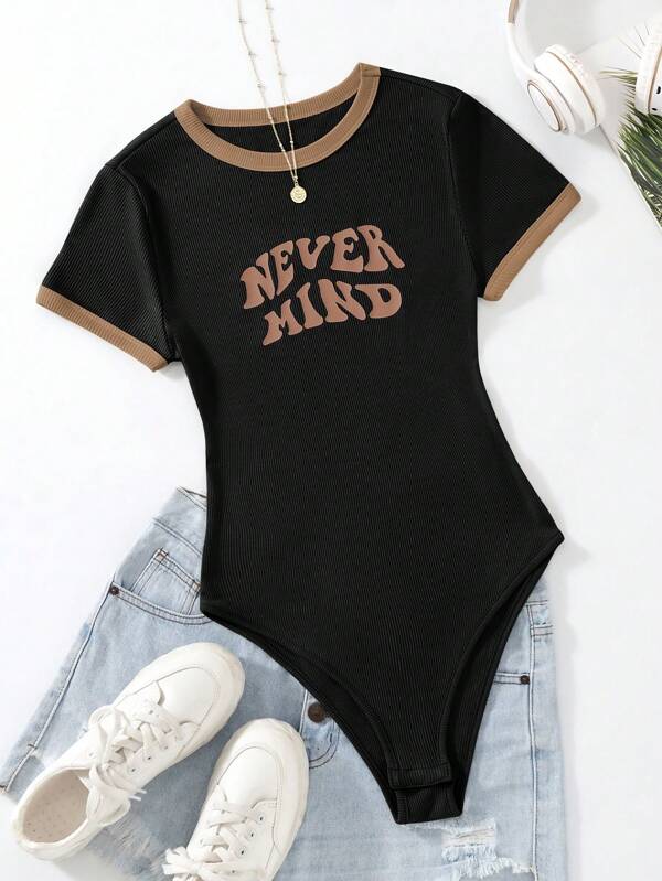 Flirla Women's Slogan Print Crew Neck Short Sleeve Casual Bodysuit