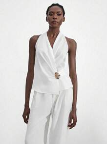 Chiquease 1 chiếc áo yếm kim loại cổ chữ V sâu cho nữ, 1 chiếc áo yếm satin trắng gợi cảm cho nữ - trắng - Xem 3