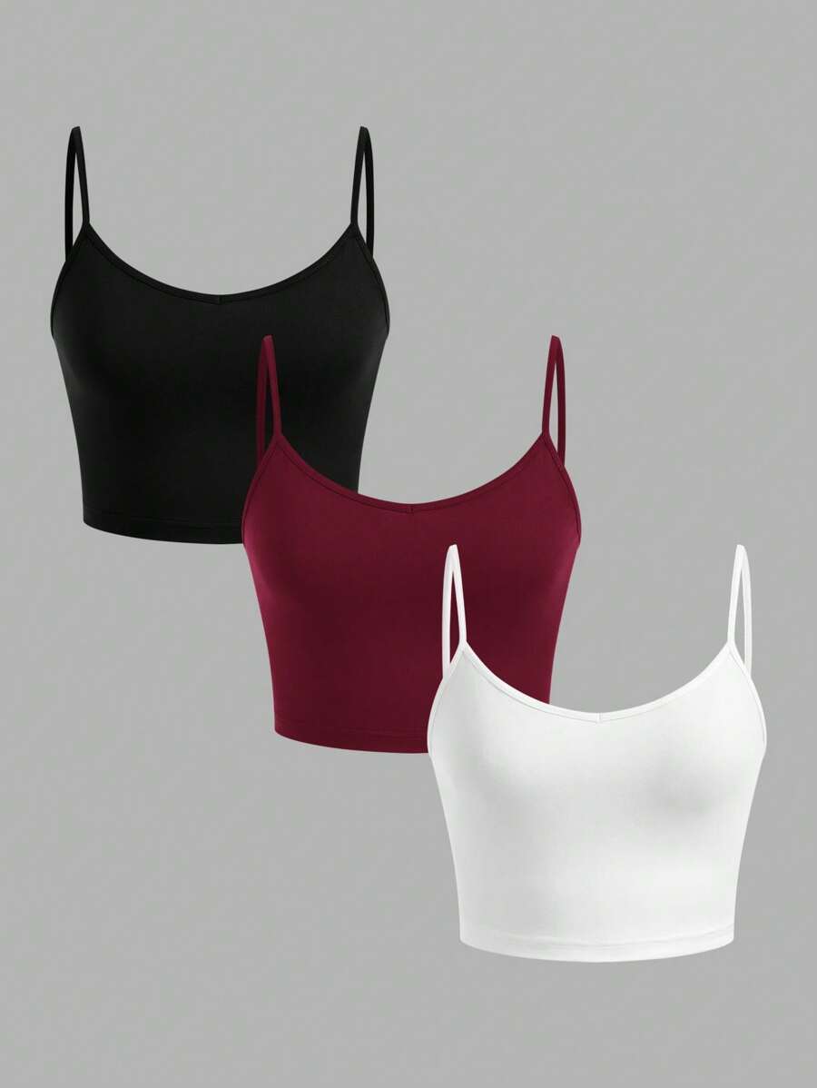 SHEIN EZwear 3 件女式修身短款吊带背心，适合夏季 - 彩色 - 查看 1