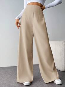 SHEIN Tall CURVE 大码女式休闲时尚高腰纹理阔腿裤，办公室/通勤装 - 杏色 - 查看 4