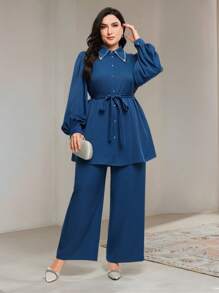 Veilorie 2 件大码正面带纽扣抽绳长袖上衣和裤子套装，简约朴素 - 藍色 - 查看 4