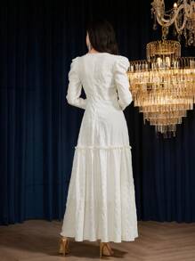 Modelyn Women's Elegant White Shirred Maxi Dress With Puff Sleeves And Ruffle Hem