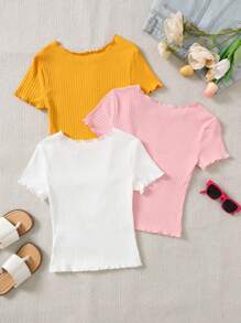 SHEIN Leap Crew 3pcs/Set Tween Girl Casual Round Neck Short Sleeve T-Shirts - Yellow - View 2