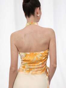 Aveloria Rosie Top de tirantes elegante estilo resort con cuello de escote barco, cintura fruncida con cordón, estampado de hojas coloridas en tela de malla