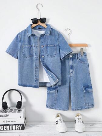Jongens/Tween Boy Casual Veelzijdige All-Match Vintage Street-Style Washed Denim 2-delige set, comfortabel voor dagelijkse uitjes, nieuw binnen 2025