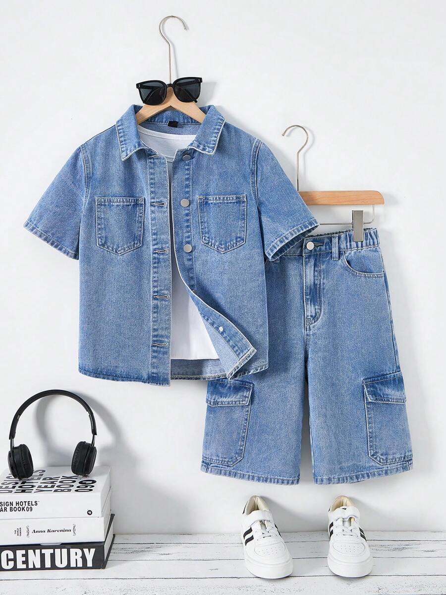 男童/青少年男孩休闲百搭百搭复古街头风格水洗牛仔两件套，适合日常出游，2025年新品
