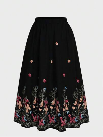 SHEIN Clasi Falda maxi casual con cintura elástica y estampado floral para mujer de talla grande