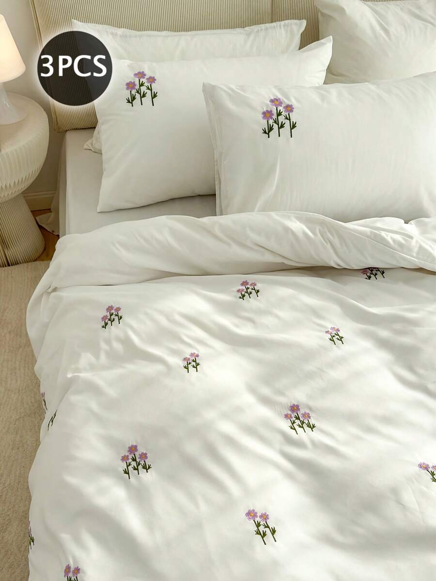 Juego de funda nórdica de 3 piezas, 100% poliéster con bordado floral (1 funda nórdica y 2 fundas de almohada), juego de ropa de cama moderna de poliéster para todas las estaciones