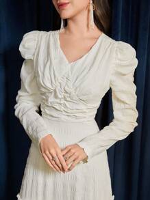Modelyn Women's Elegant White Shirred Maxi Dress With Puff Sleeves And Ruffle Hem