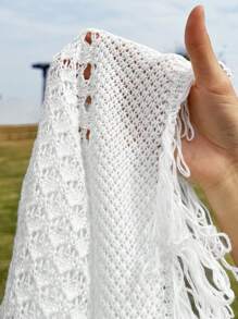 SHEIN EZwear Women's Summer Western Style Round Neck Sleeveless Hollow Solid Color Fringe Hem Knit Top For Music Festivals