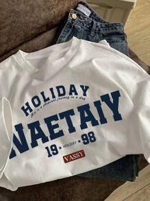 INAWLY Luźna, minimalistyczna koszulka z nadrukiem w litery i okrągłym dekoltem i krótkim rękawem