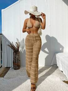 SHEIN Swim Springbreak Romantische Kant Boho Uitgehold Trekkoord Maxi Broek Badpak Cover Up