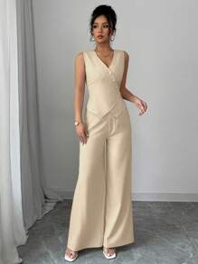 Rafferiza 女士 2 件套优雅纯色背心和长裤 - 杏色 - 查看 5