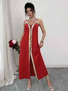 Breezaya Abito lungo da donna con laccio in vita, vestito lungo con paillettes, pizzo e pezze di textura