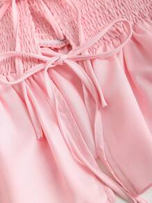 Sweetra Women's Spring/Summer French Style Bowknot Puff Sleeve Frill Trim Short Sleeve Shirred Casual Blouse - Pink - View 4