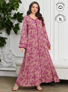 Al Najma 印花撞色 V 领喇叭裙，阿拉伯风格，适合女性，春夏季，端庄