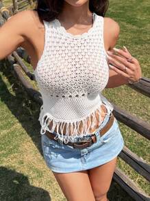 SHEIN EZwear Women's Summer Western Style Round Neck Sleeveless Hollow Solid Color Fringe Hem Knit Top For Music Festivals