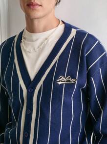 Manfinity Sporsity V-Neck Front Button Striped Print Long Sleeve Knit Cardigan