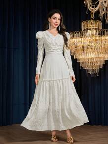 Modelyn Women's Elegant White Shirred Maxi Dress With Puff Sleeves And Ruffle Hem