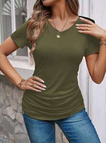 SHEIN LUNE Simple Solid Color Casual Ruched Short Sleeve T-Shirt - Green - View 4