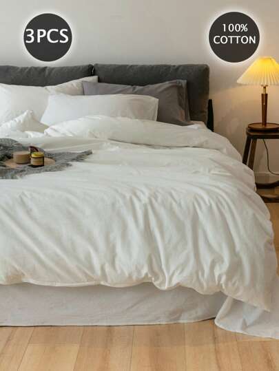 3pcs 100% Cotton, Slightly Wrinkled Style Linen Like Textured, Duvet Cover Set (1 Duvet Cover, 2 Pillowcases), Without Fillings, For Bedroom, Guest Room