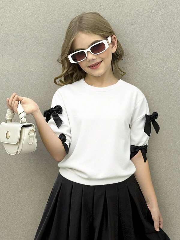 SHEIN Nova Glow Tween Girls' Casual Pullover Bowknot Decor Round Neck Short Sleeve T-Shirt