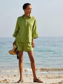 SHEIN Unity Women's 2 Pieces Set Casual Flared Sleeve Shirt Top And Wide Leg Shorts, Made Of Linen-Like Fabric, Suitable For Commuting, Leisure And Holiday - Green - View 1