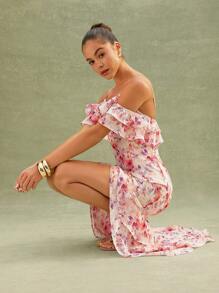 L'Amorae Vestido de verano elegante con volantes de gasa y hombros descubiertos con diseño floral, atuendos de verano para mujer - Multicolor - Ver 2