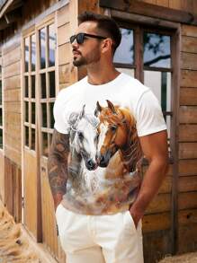 Manfinity RSRT Men's Fashion Casual Vacation Watercolor Painting Realistic Horse Print Fitted T-Shirt, Suitable For Summer Outdoor Party Wear, Couples, Family Matching Top, Great Gift For Boyfriend