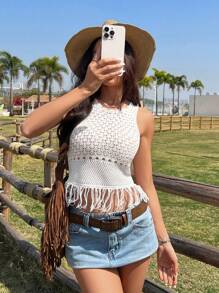 SHEIN EZwear Women's Summer Western Style Round Neck Sleeveless Hollow Solid Color Fringe Hem Knit Top For Music Festivals