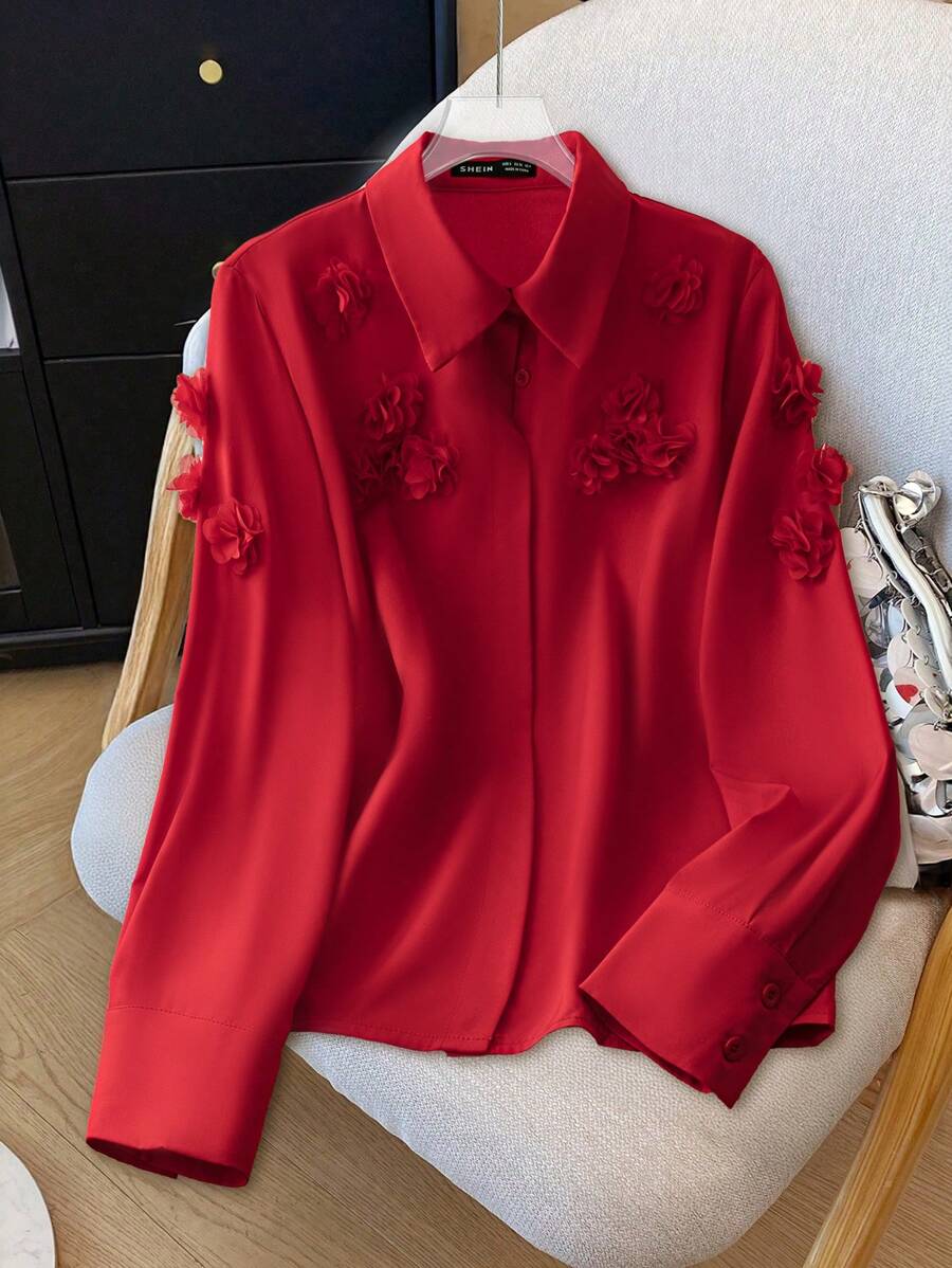Elenzga 女士优雅休闲纯色 3D 花卉衬衫 - 紅色 - 查看 1