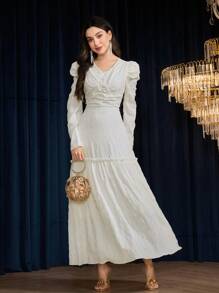 Modelyn Women's Elegant White Shirred Maxi Dress With Puff Sleeves And Ruffle Hem