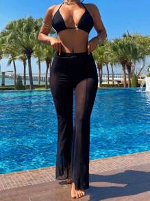 Swim SXY 女士海滩度假弹力网眼修身喇叭罩裤，夏季