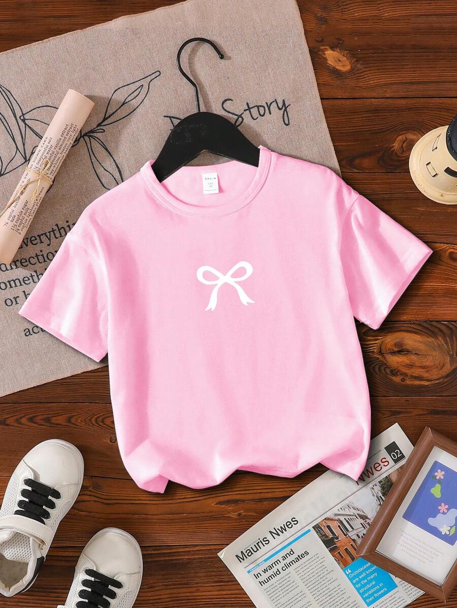 Sparklyn Áo thun cổ tròn tay ngắn in hình nơ dễ thương cho bé gái tuổi mới lớn - Hồng - Xem 1