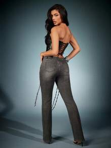 Denimoi Celana Jeans Fit and Flare dengan Detail Resleting dan Motif Cuci - Grey - View 6