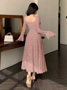 DAZY Damen Quadratischer Ausschnitt Langarm Strukturierter Stoff Kleid Elegant, Rüschen, Herbstkleid - Pink - Übersicht 3