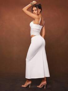 Hauture Women's Solid Color Mesh Ruched Camisole & Fishtail Skirt Set - White - View 3