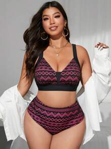 SHEIN Swim Curve Bikini de 2 piezas para mujer de talla grande con sujetador de tirantes anchos y bloques de color, y pantis de tiro alto, para playa/resort, vacaciones de verano