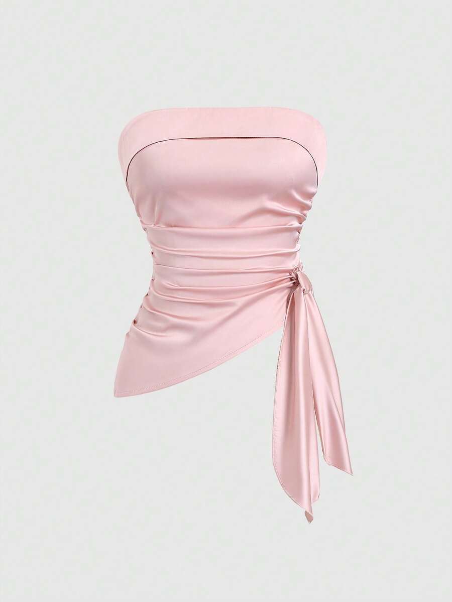 Sweetra Women's Tie Detail Cinched Waist Asymmetrical Tube Top Camisole