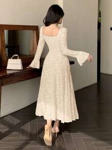DAZY Women Square Neck Long Sleeve Textured Fabric Dress Elegant,Ruffle,Fall Dress - Apricot - View 3
